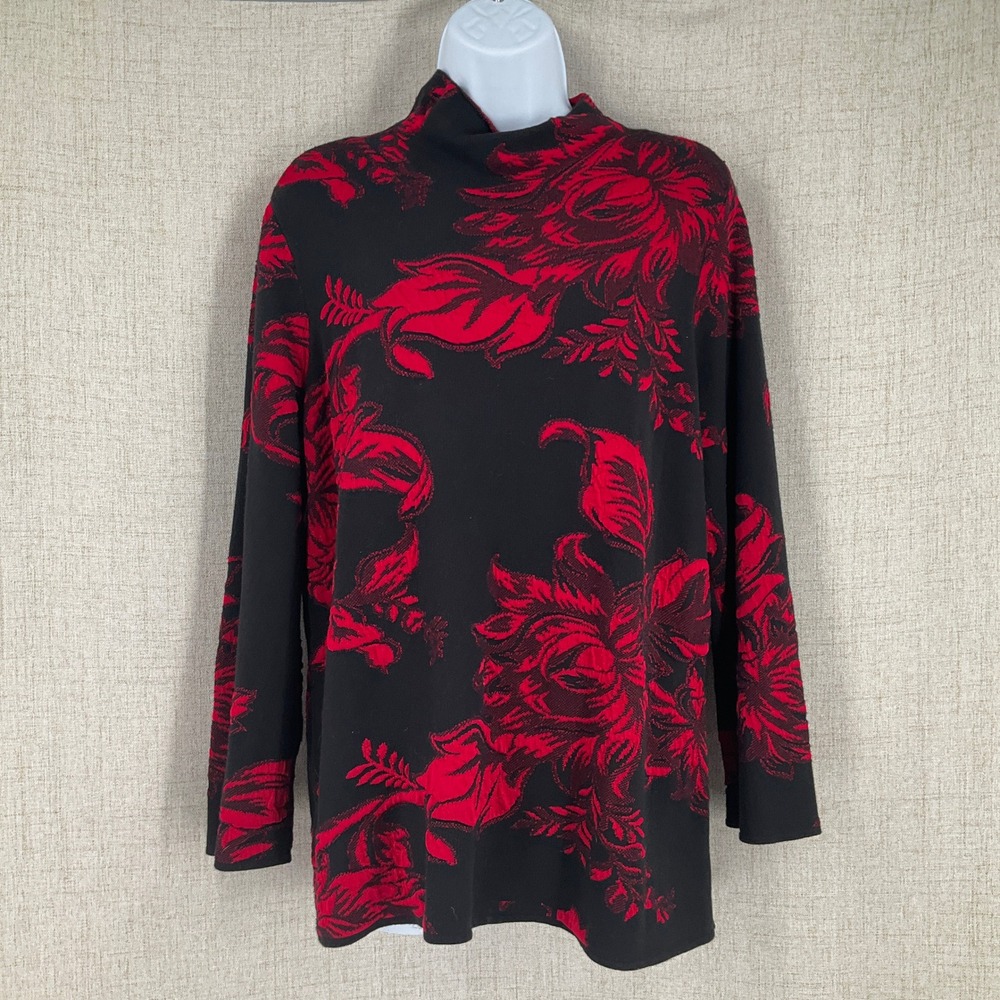 Chico's Sweater Women 2 L Red Black Knit Floral‎ Jacquard Mock Neck Zip Back Top
